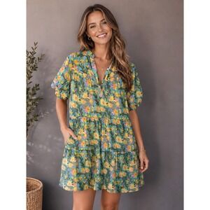 Fitzroy & Willa Floral Tiered Mini Dress Cottagecore Boho Puff Sleeve S